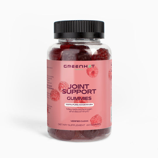 A bottle of GreenHat Joint Support Gummies (Adult) with a raspberry flavor. The label indicates that it is made in the USA and may reduce joint discomfort. Contains 60 dietary supplement gummies, enriched with glucosamine to support overall joint health.