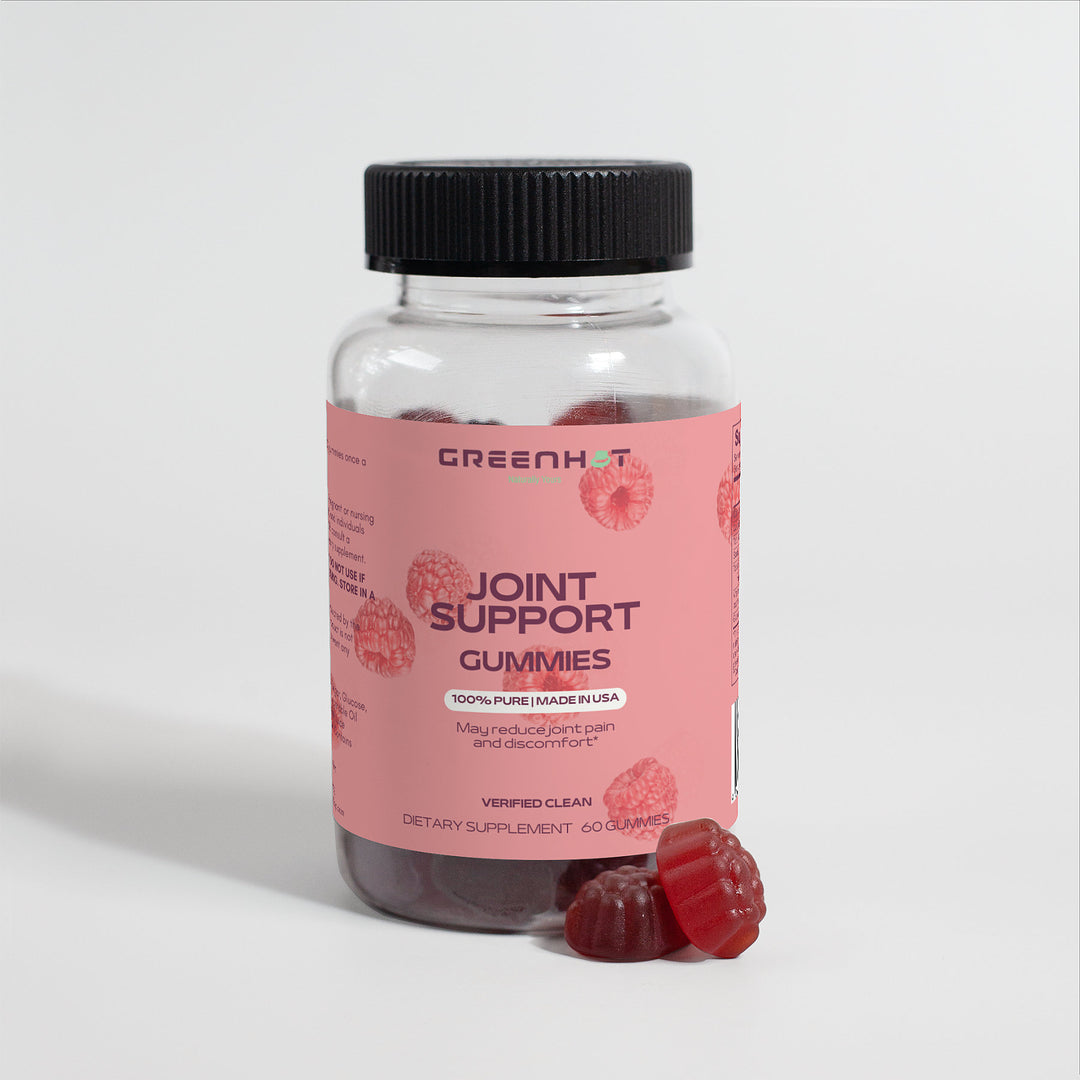A bottle labeled "Joint Support Gummies (Adult)" with several red gummy supplements displayed in front. The bottle, containing 60 gummies, features glucosamine and claims to aid in reducing joint discomfort and pain. Brand Name: GreenHat