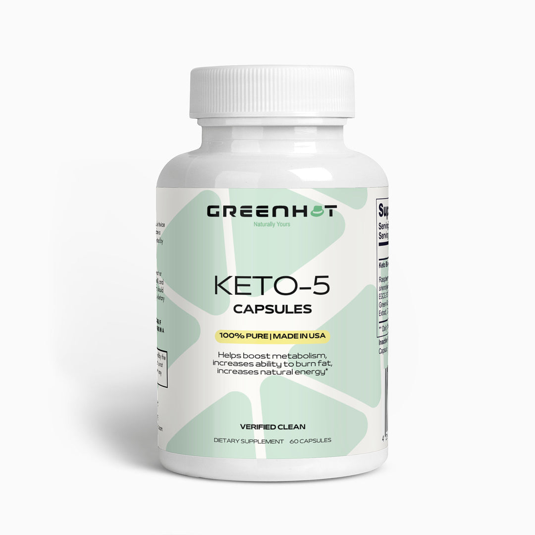 A white bottle labeled "GreenHat Keto-5 - Unlimited Energy," promoting metabolism, keto support, and natural energy. Contains 60 capsules, described as verified clean and made in the USA.