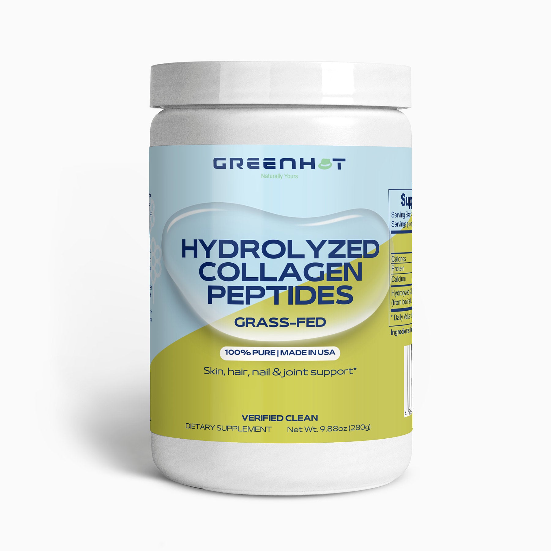 A white container labeled "Grass-Fed Hydrolyzed Collagen Peptides" by GreenHat, advertised for joint health, skin elasticity, hair, and nail support. The container is 9.88 ounces (280g) and marked "100% Pure, Made in USA.