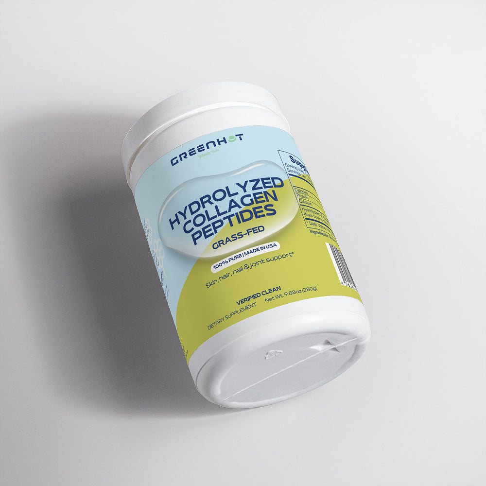 A container of GreenHat Grass-Fed Hydrolyzed Collagen Peptides with ingredients specifically chosen to support skin elasticity, hair, nail, and joint health. The image shows the product at a slight angle on a plain background.