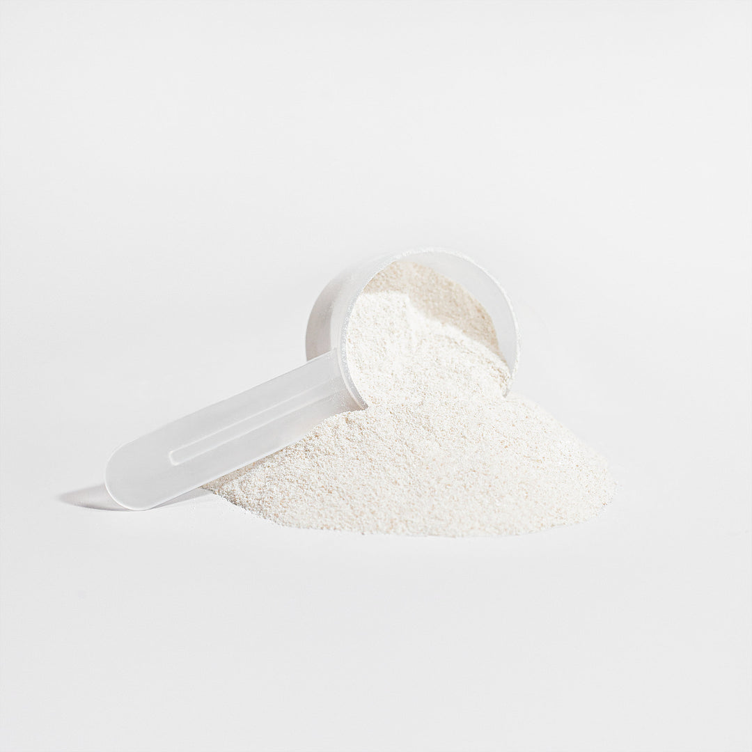 A white plastic scoop filled with GreenHat Grass-Fed Hydrolyzed Collagen Peptides is shown against a white background, with some powder spilling out, highlighting the benefits for skin elasticity and joint health.