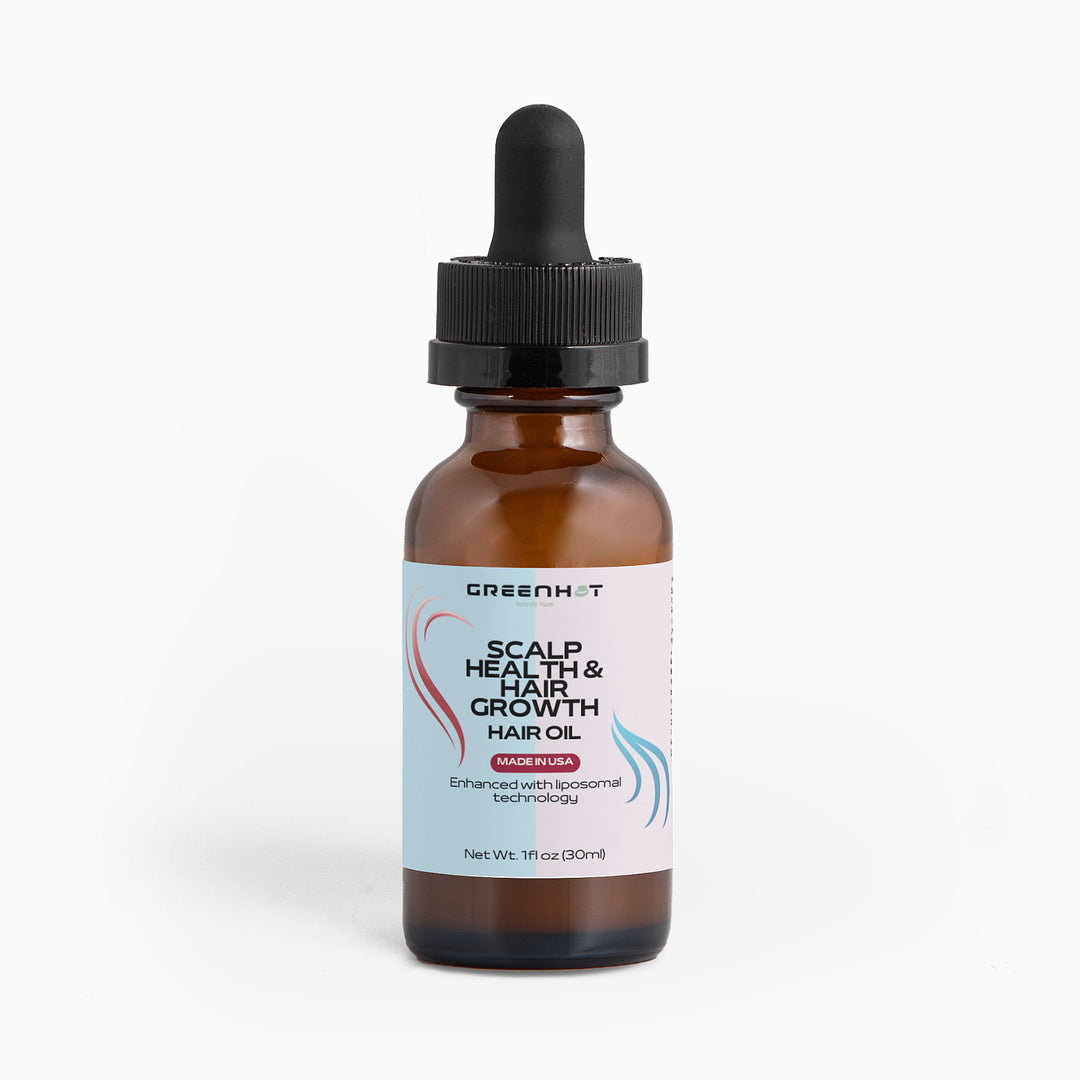 A brown glass dropper bottle labeled "GreenHat Scalp Health & Hair Growth Hair Oil" contains 1 fl oz (30 ml) of product, designed to enhance scalp health and hair growth with natural oils and cutting-edge liposomal technology.