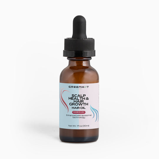 A brown glass dropper bottle labeled "GreenHat Scalp Health & Hair Growth Hair Oil" contains 1 fl oz (30 ml) of product, designed to enhance scalp health and hair growth with natural oils and cutting-edge liposomal technology.