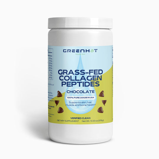 A container of GreenHat Grass-Fed Collagen Peptides Powder (Chocolate) dietary supplement on a white background, highlighting health benefits for skin elasticity, joint health, muscles, and bones.