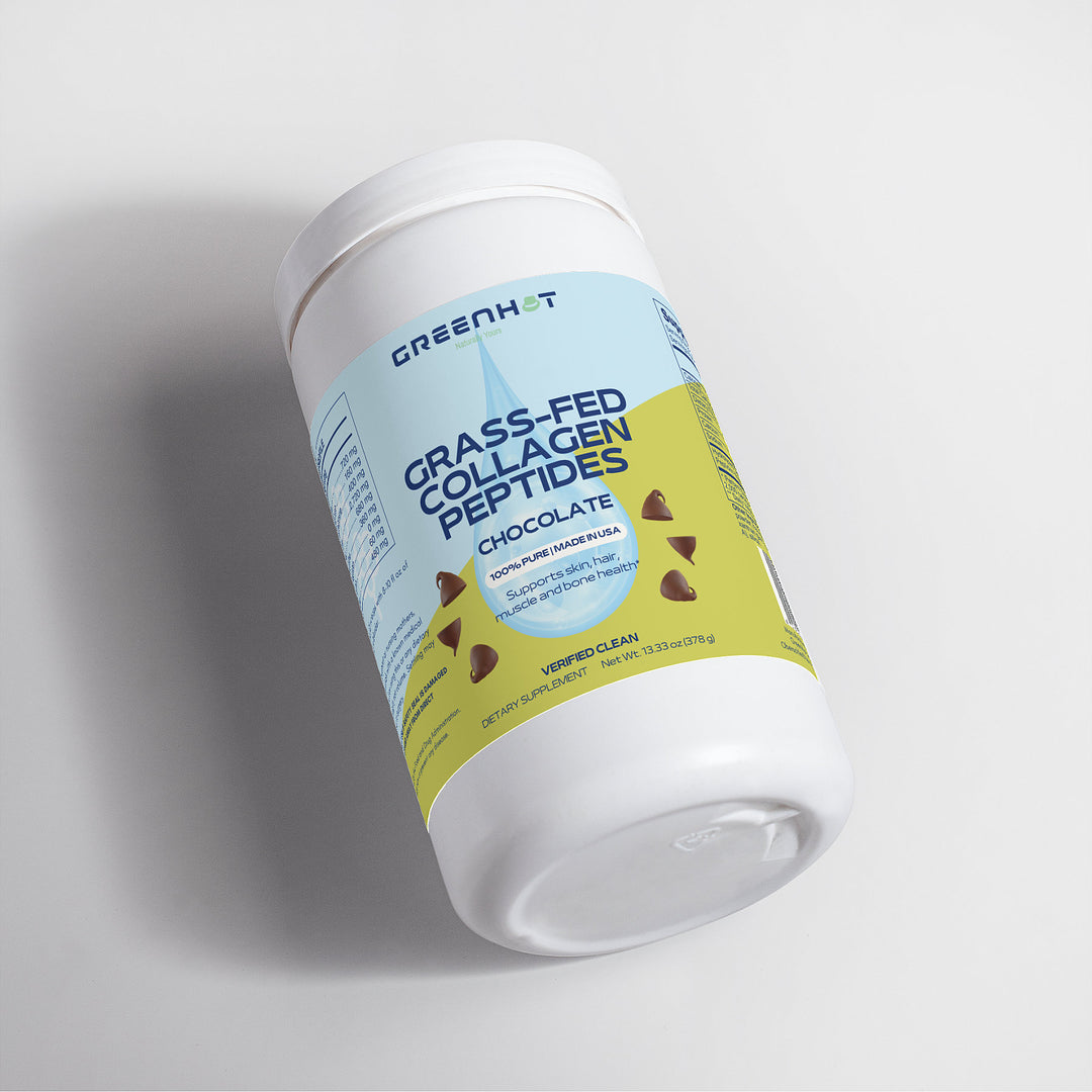 A container of GreenHat grass-fed collagen peptides powder in chocolate flavor against a plain background, aimed at improving joint health.