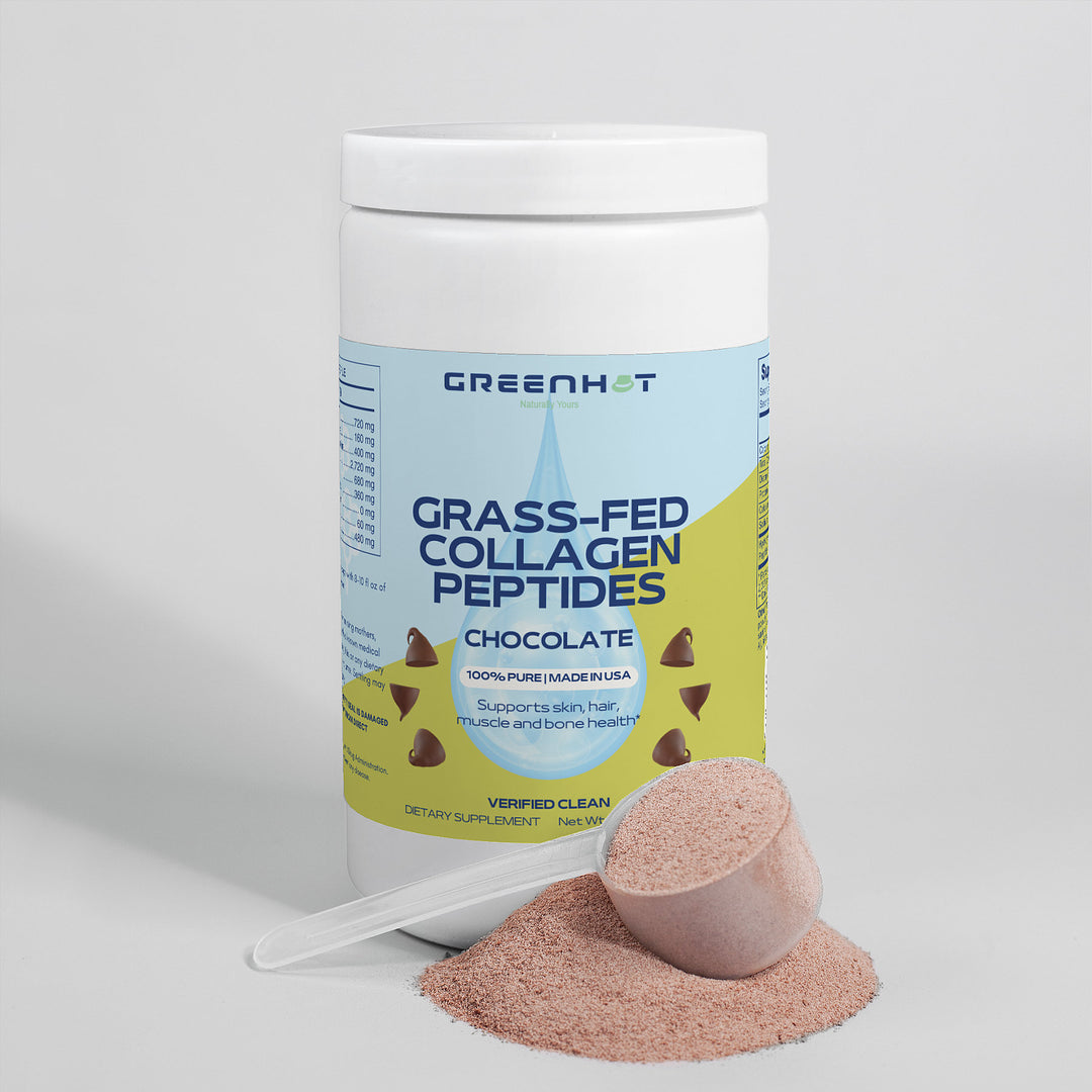 A container of GreenHat Grass-Fed Collagen Peptides Powder (Chocolate) supplement with a scoop of powder in front of it on a gray background.