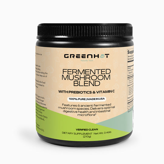 Jar of GreenHat greenhot fermented mushroom blend dietary supplement formulated to enhance immune health, with labels detailing product benefits and ingredients.