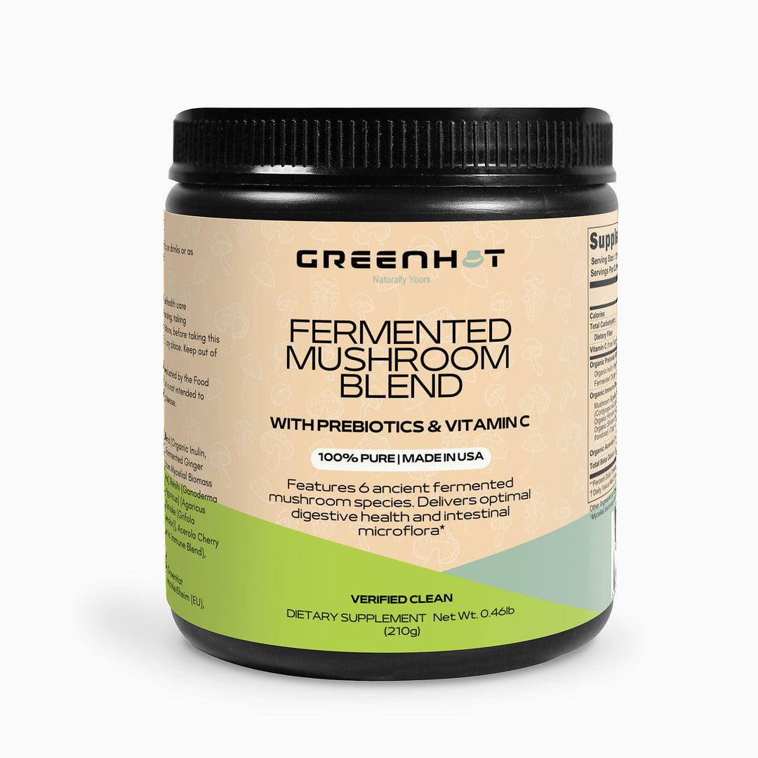 A black jar labeled "GreenHat Fermented Mushroom Blend" with prebiotics and vitamin C, featuring 6 fermented mushroom species. It claims to support digestive health, boost immune health, and promote overall well-being. Net weight 0.46lb (210g).