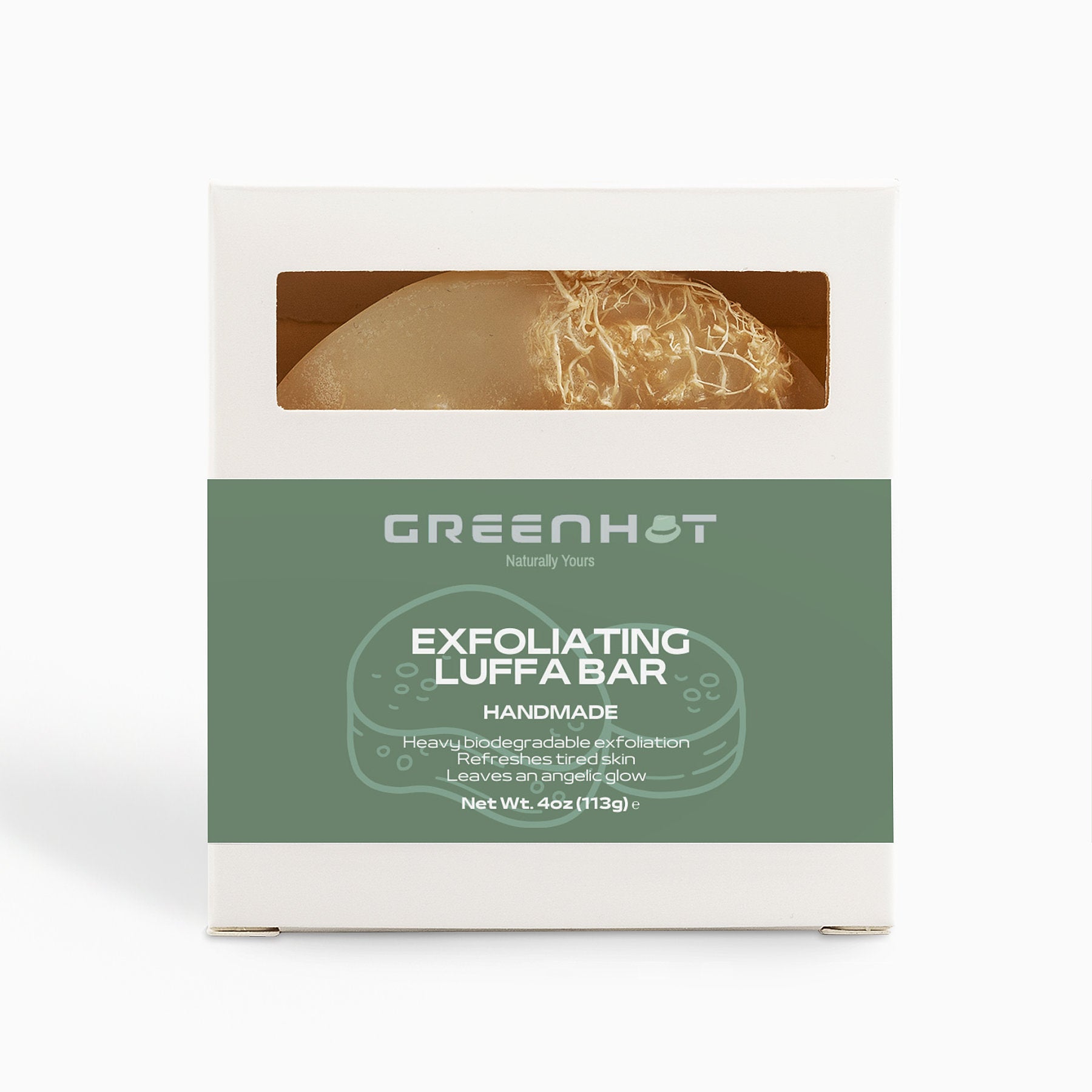 Box of GreenHat exfoliating hemp luffa bar soap on a white background, emphasizing its natural and handmade qualities.