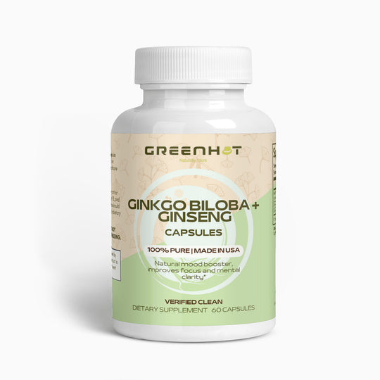 A bottle of GreenHat Ginkgo Biloba + Ginseng capsules, focused on enhancing cognitive function, being a natural mood enhancer, and made in the USA.