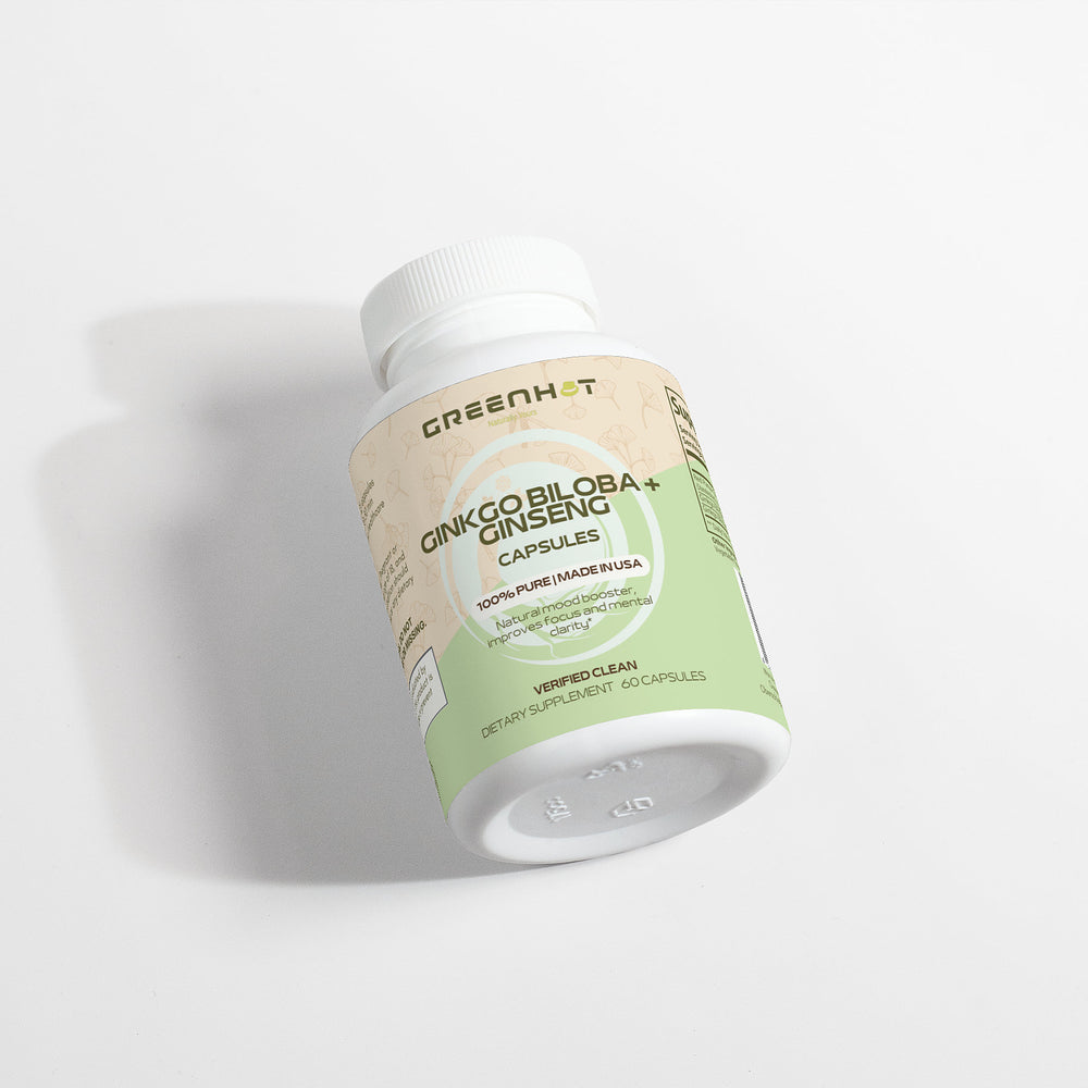 A white bottle labeled "GreenHat Ginkgo Biloba + Ginseng" with 60 capsules, angled on a white surface. The label boasts details like "100% Pure Made in USA" and "Verified Clean," underscoring its potential benefits for cognitive function.