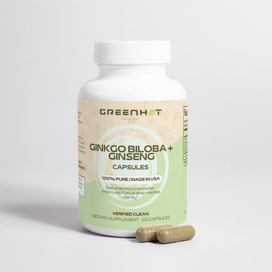 A bottle of GreenHat Ginkgo Biloba + Ginseng capsules with two capsules in front, on a plain white background.