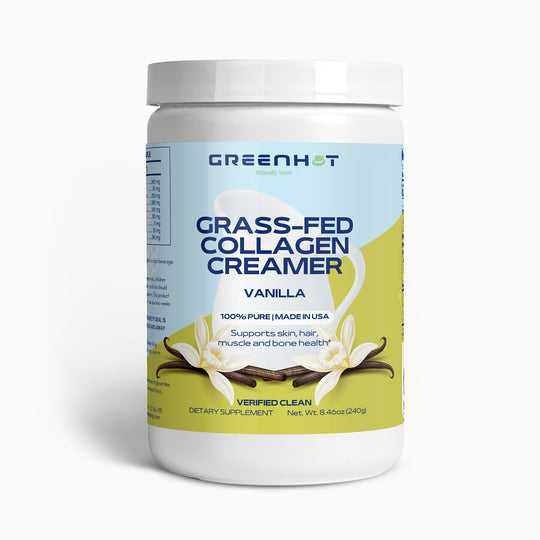 A jar of GreenHat grass-fed collagen creamer in vanilla flavor, with labels highlighting "100% pure and made in the USA" and "verified clean dietary supplement".