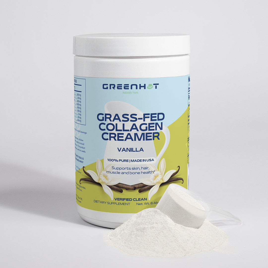 A container of GreenHat Grass-Fed Collagen Creamer (Vanilla), with a scoop of powder next to it. The label indicates it supports skin, hair, muscle, and bone health for radiant beauty and overall wellness.