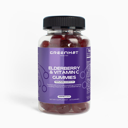 A bottle of GreenHat Elderberry & Vitamin C Gummies, highlighting "pure immune support" and "with zinc and elderberry," against a white background.
