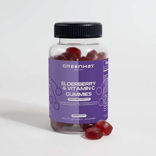 A bottle of GreenHat Elderberry & Vitamin C Gummies for immune support with spilled contents in front, isolated on a white background.