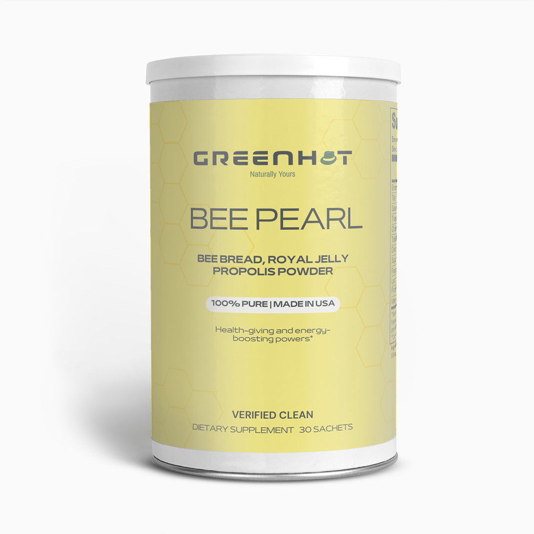 A cylindrical container labeled "GreenHat BEE PEARL" containing bee bread, royal jelly, and Bee Pearl Powder - Superfood Powerhouse for holistic well-being. Text indicates it's 100% pure, made in the USA, a dietary supplement with 30 sachets for radiant skin.