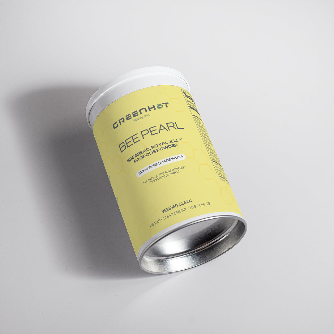 A cylindrical GreenHat Bee Pearl Powder - Superfood Powerhouse dietary supplement container with a yellow label displaying product information, including ingredients like bee bread, royal jelly, and propolis powder, is designed to support holistic well-being and radiant skin.