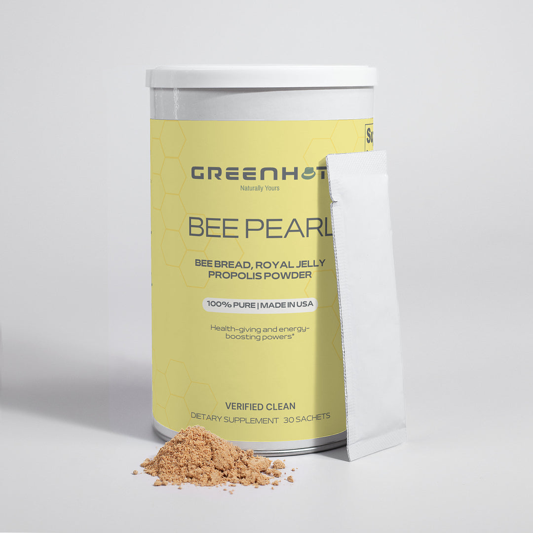 Cannister labeled "Bee Pearl Powder - Superfood Powerhouse" with a sachet and a small pile of powder in front of it. The label mentions ingredients like bee bread, royal jelly, and propolis powder, describing it as health-giving for holistic well-being and radiant skin.