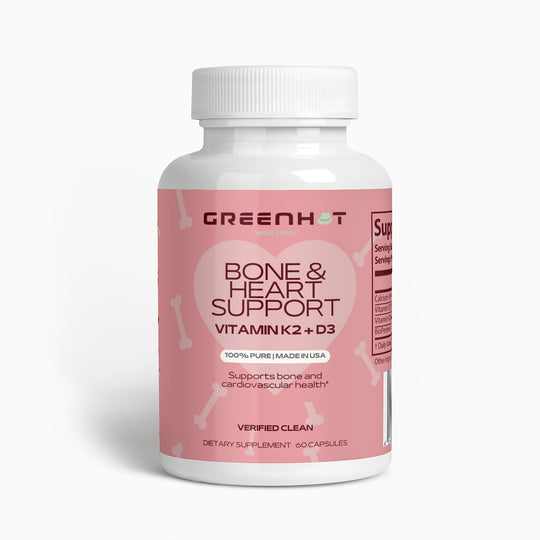 A bottle of GreenHat's Bone & Heart Support - Strengthen Your Foundation supplement, containing 60 capsules, designed to bolster bone and cardiovascular health. The label features heart and bone graphics to emphasize its comprehensive bone support benefits.