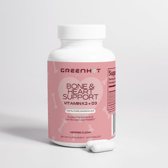 A bottle of GreenHat Bone & Heart Support vitamins against a gray background.