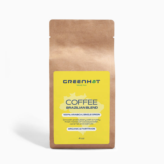 A stand-up pouch of GreenHat Brazilian Blend 4oz - 100% Arabica coffee with a yellow label on a white background, highlighting its organic and fairtrade status.