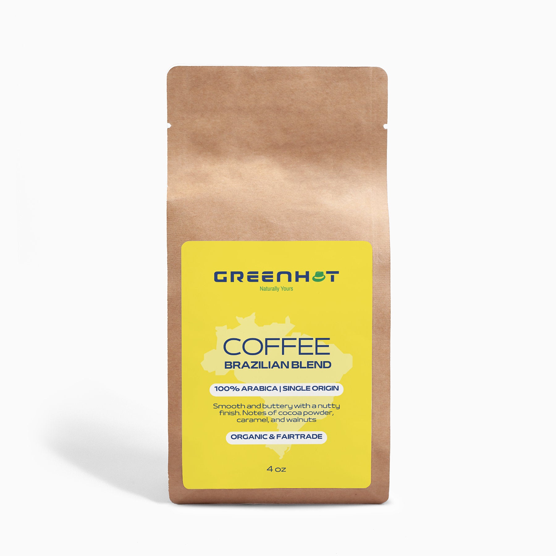 A 4 oz brown paper bag labeled "GreenHat Brazilian Blend 4oz - 100% Arabica" with a yellow label indicating it is organic and fair trade.