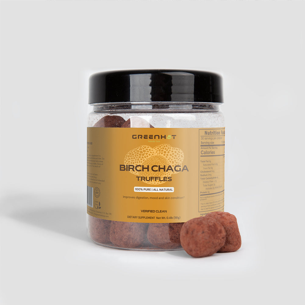 A jar labeled "Birch Chaga Truffles" with truffles inside and some placed outside the jar. The label indicates they are a dietary supplement rich in essential nutrients, intended to improve digestion, mood, and skin condition. The product is from GreenHat.