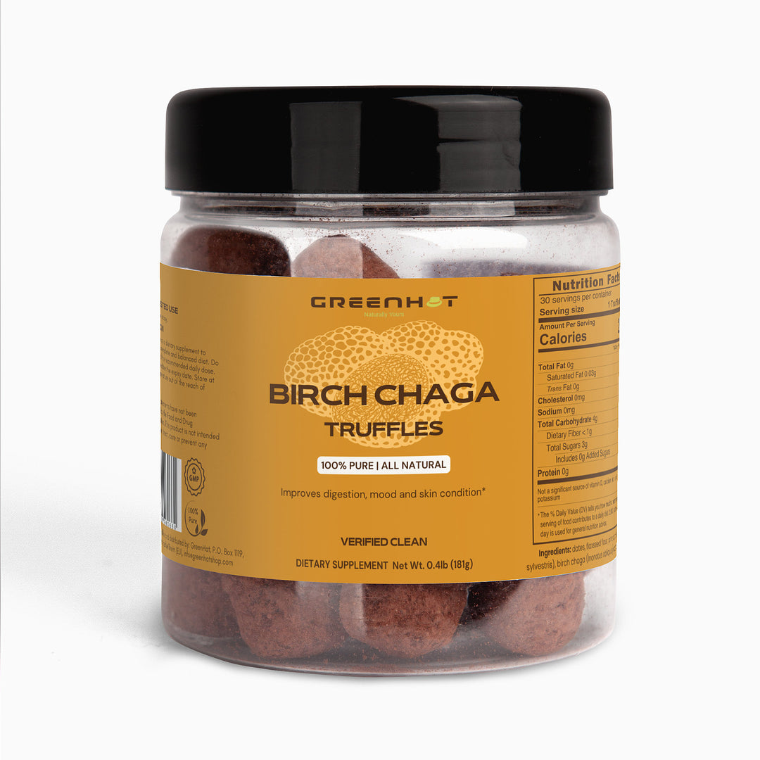 A jar of GreenHat Birch Chaga Truffles, labeled as 100% pure and all-natural, promoting digestion, mood, skin condition, and supporting the immune system. The jar boasts a black lid and contains brown truffles rich in essential nutrients.