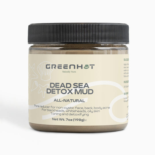 Jar of GreenHat Dead Sea Detox Mud for skin rejuvenation, labeled for skin toning and detoxifying, on a white background, 7 oz. size.