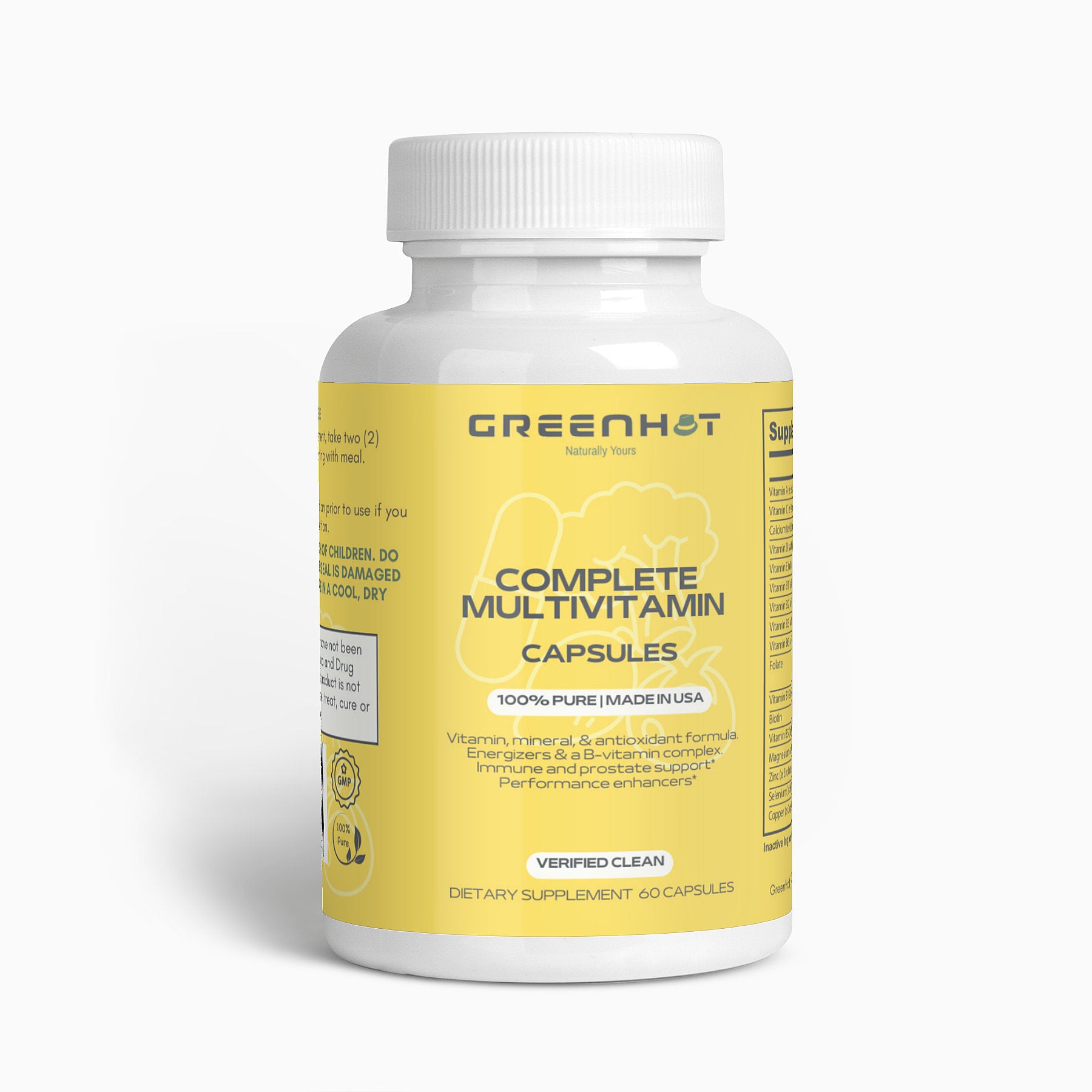 A yellow bottle of GreenHat Complete Multivitamin capsules featuring immune-boosting herbs, emphasizing it is 100% pure and made in the USA, with dietary supplement and performance-enhancing claims.