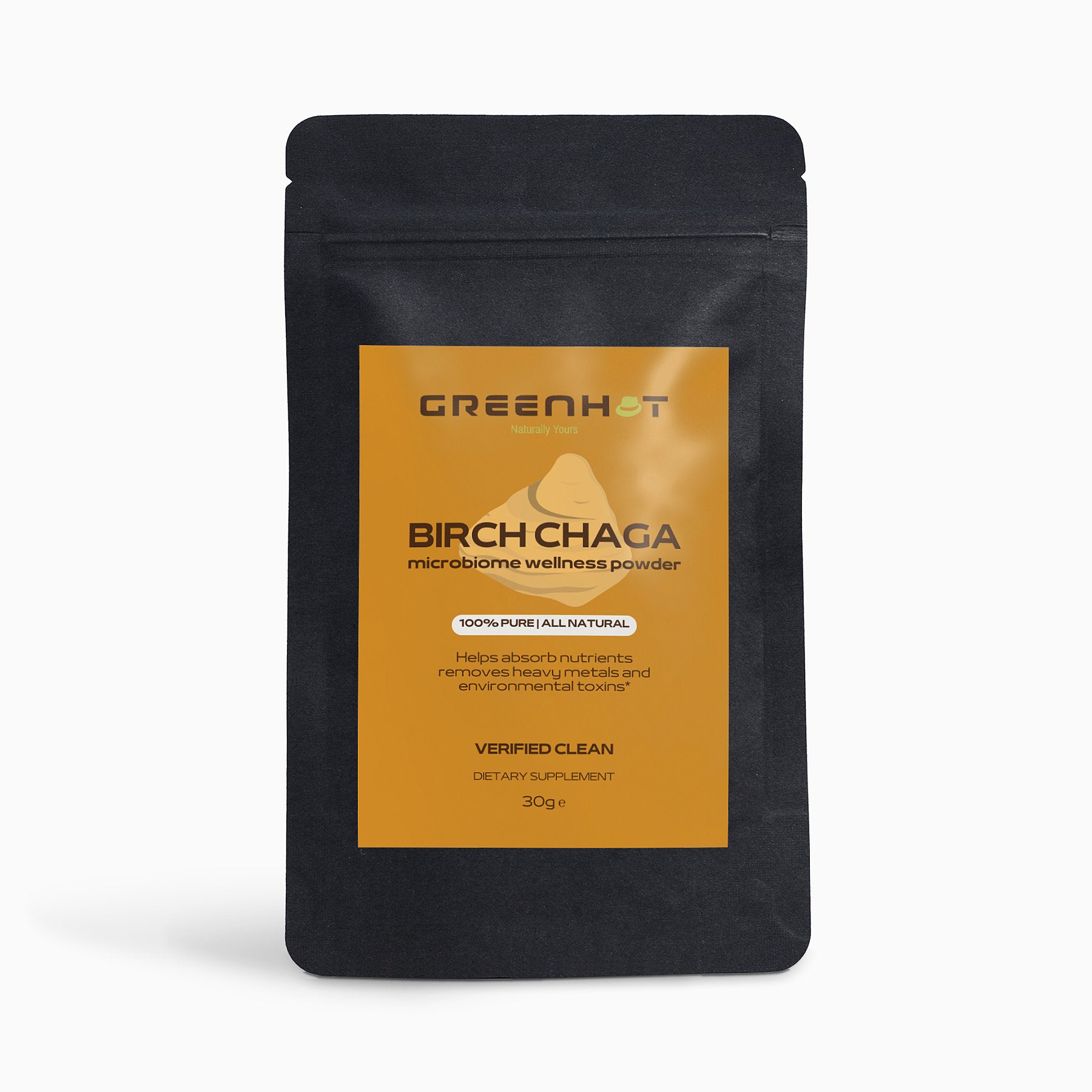 A black resealable pouch labeled "GreenHat Birch Chaga Microbiome Wellness Powder," 30g. The label mentions the product is 100% pure, natural, and rich in phytochemicals to boost the immune system while helping absorb nutrients and remove toxins.