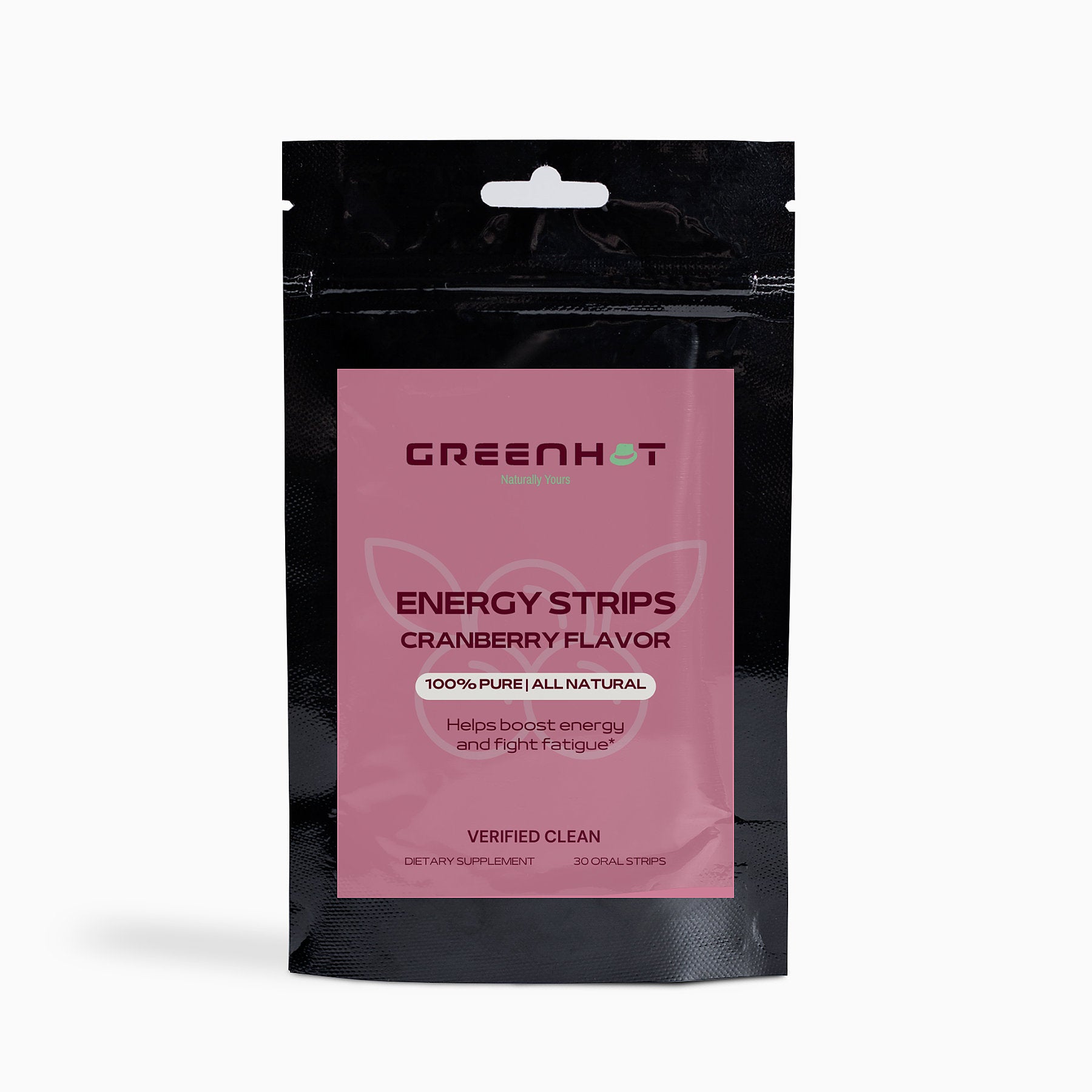 A black and pink package of GreenHat energy strips in cranberry flavor, advertising as all-natural and providing a quick convenient energy boost.