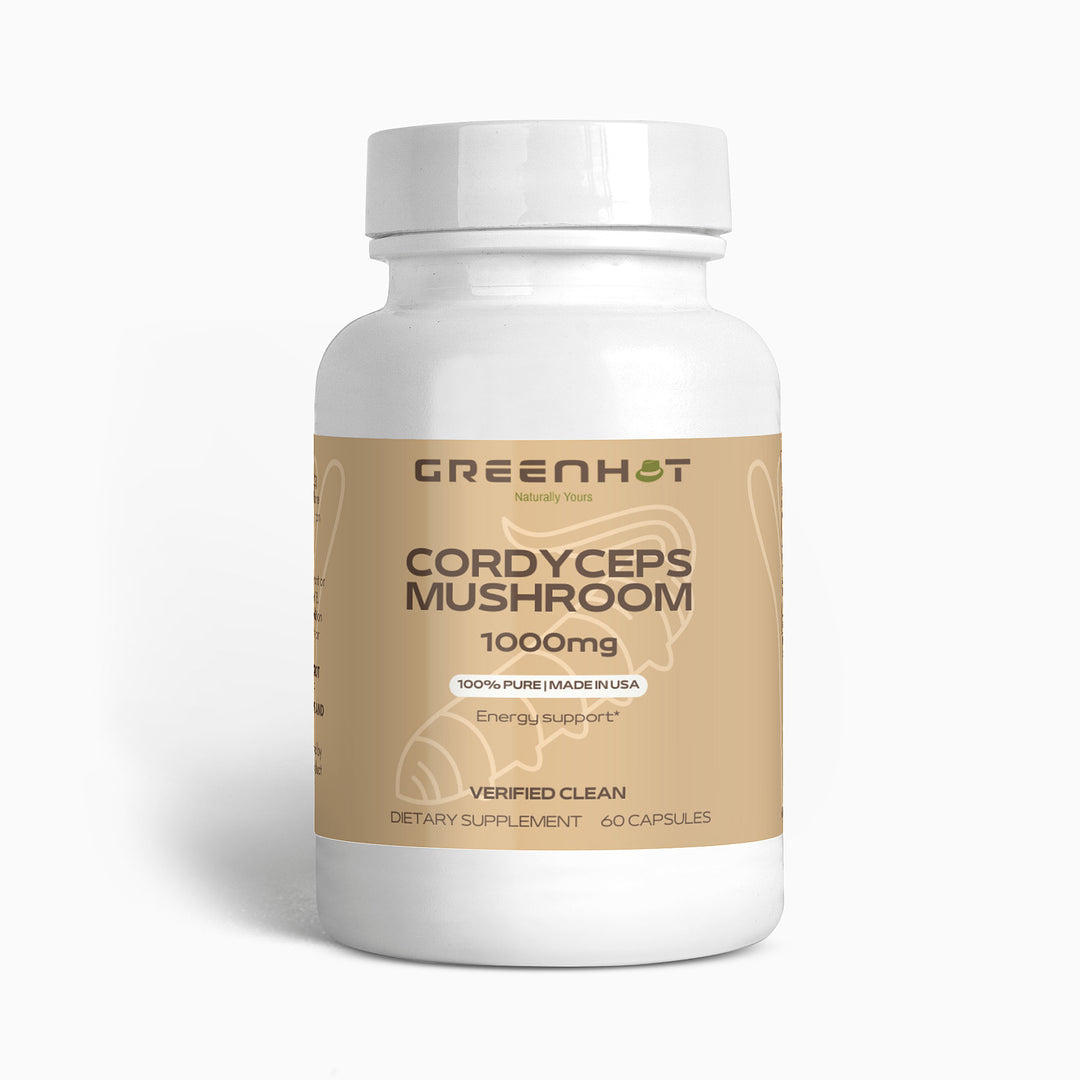 A white bottle labeled "GreenHat Cordyceps Mushroom - Enhanced Physical Performance" stands out, promising "100% pure, made in USA" and "Energy support." Boasting 60 dietary supplement capsules, it aims to enhance physical performance.