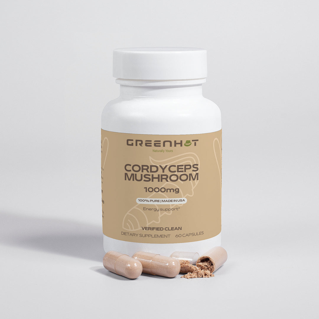 A white bottle labeled "GreenHat Cordyceps Mushroom - Enhanced Physical Performance" with dietary supplement information, designed to boost cognitive function and physical performance, accompanied by three capsules: two intact and one partially opened showing the contents.