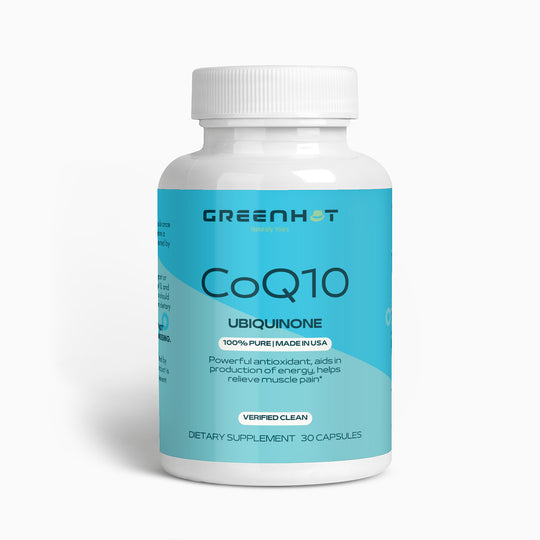 Plastic bottle of GreenHat CoQ10 Ubiquinone dietary supplement with label, isolated on a white background.