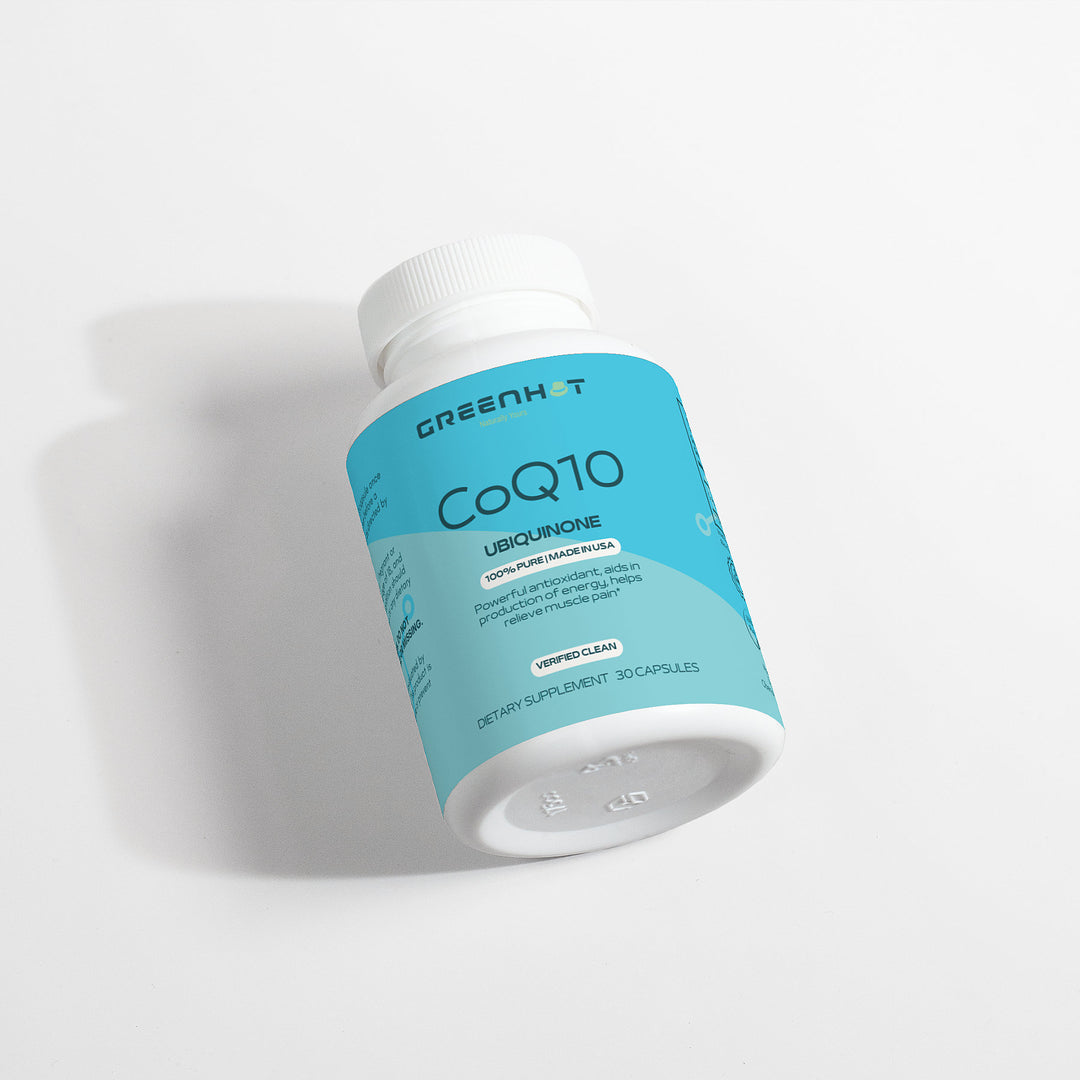 A bottle of GreenHat CoQ10 Ubiquinone dietary supplement with a white and teal label, lying on a white surface.