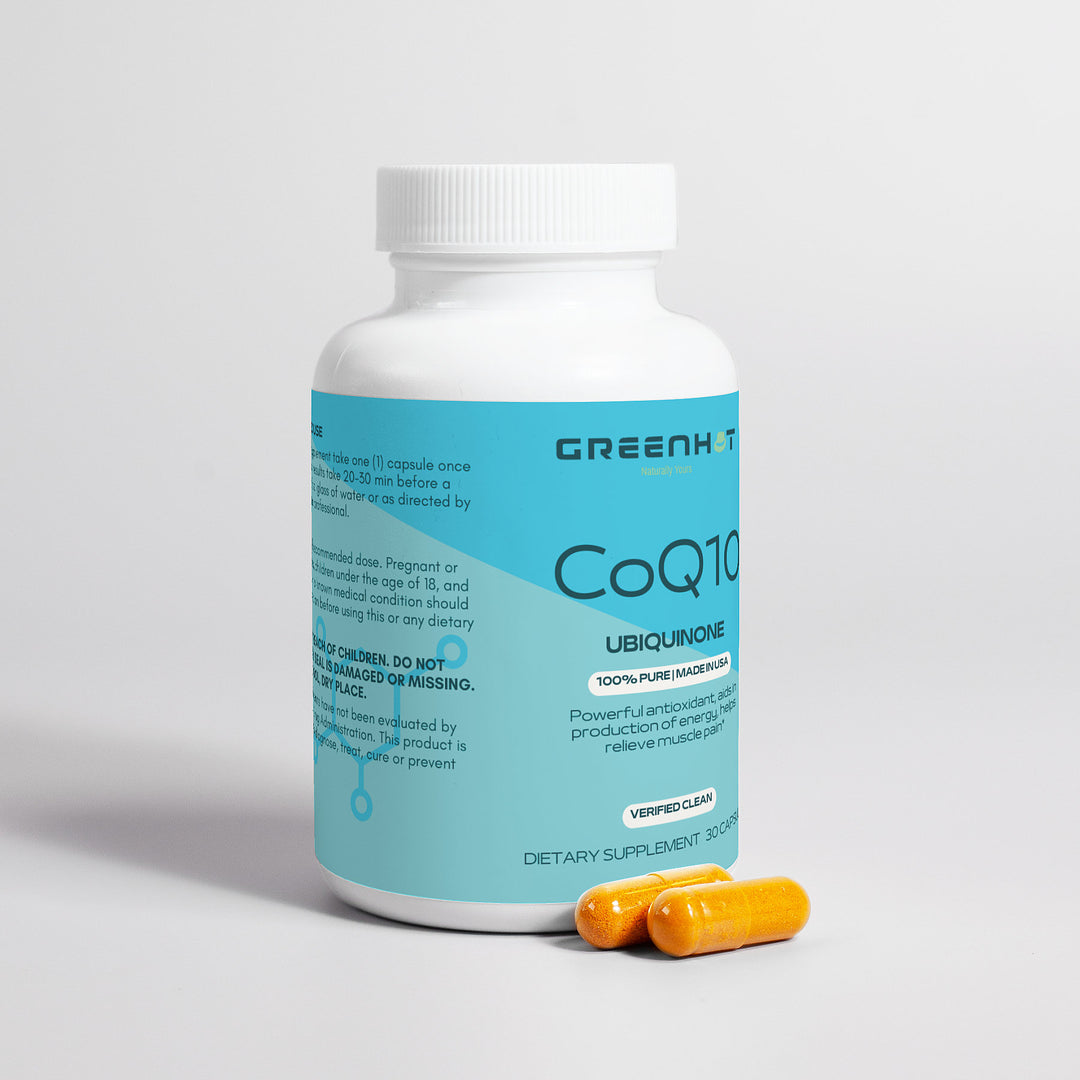 Bottle of GreenHat CoQ10 Ubiquinone - Vital Nutrient for Health dietary supplement with two capsules in front of it, on a plain gray background.