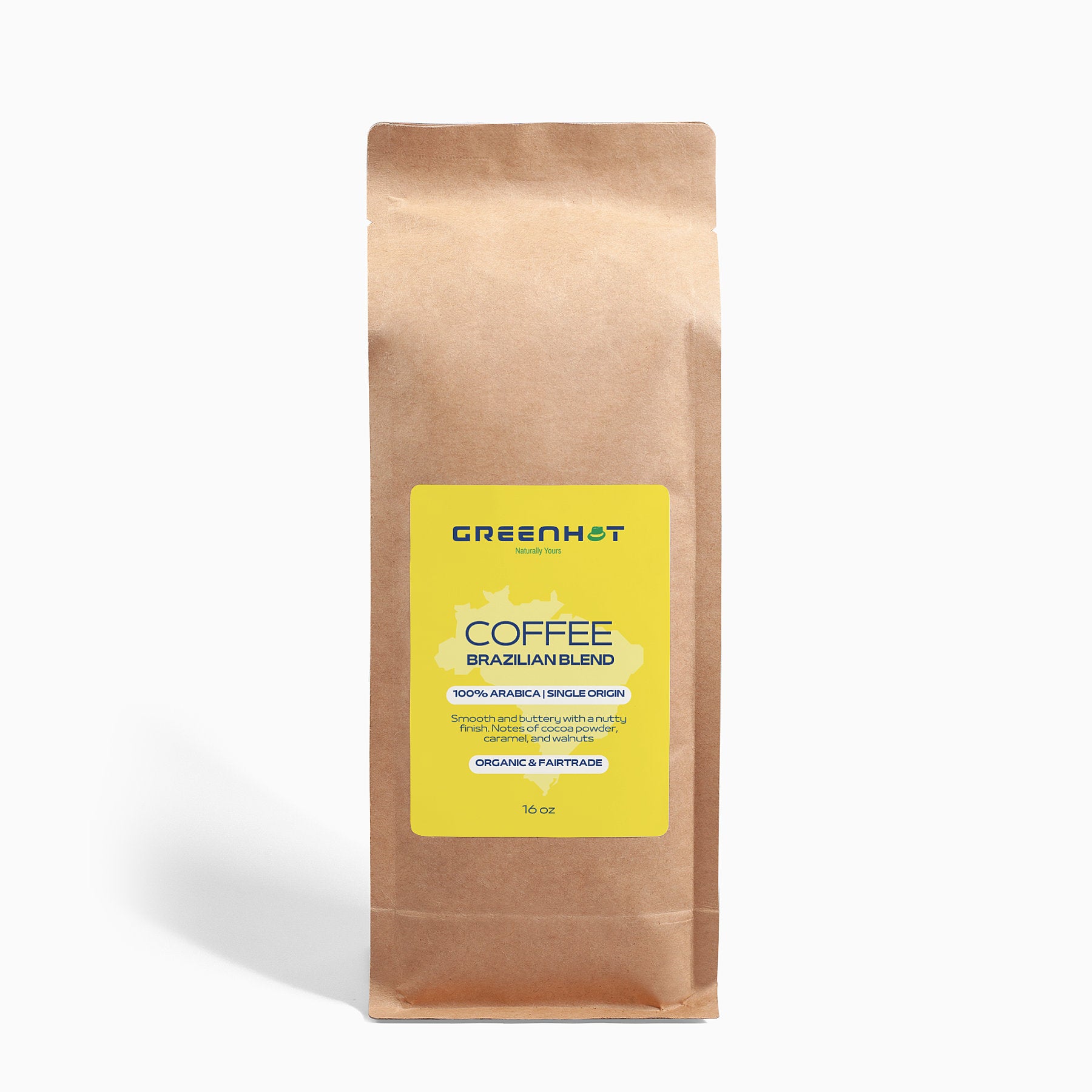 Brown paper bag labeled "GreenHat Brazilian Blend 16oz - 100% Arabica," containing 100% premium Arabica coffee beans, single origin, organic and fair trade. Experience divine flavors with every sip.