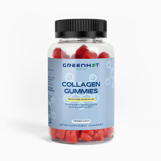 Bottle of GreenHat Collagen Gummies against a white background, featuring product information and health claims.