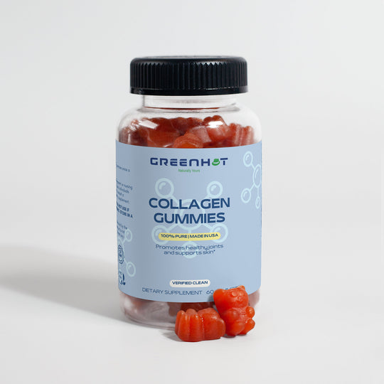 A clear bottle labeled "GreenHat Collagen Gummies" contains red gummy supplements, which highlight benefits for joints and skin with added beauty nourishment. The label claims to be 100% pure, made in the USA, and infused with Vitamin C. Contains 60 gummies.