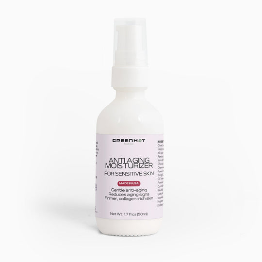 A white bottle with a spray pump labeled "GreenHat Anti Aging Moisturizer for Sensitive Skin" on a white background.