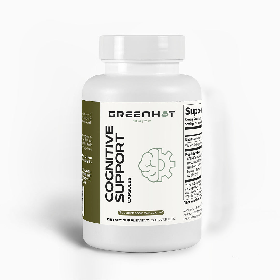 A bottle labeled "GreenHat Cognitive Support," containing 30 capsules. The label mentions mental clarity and brain function support, featuring supplement facts and dosage instructions for this cognitive enhancement supplement.