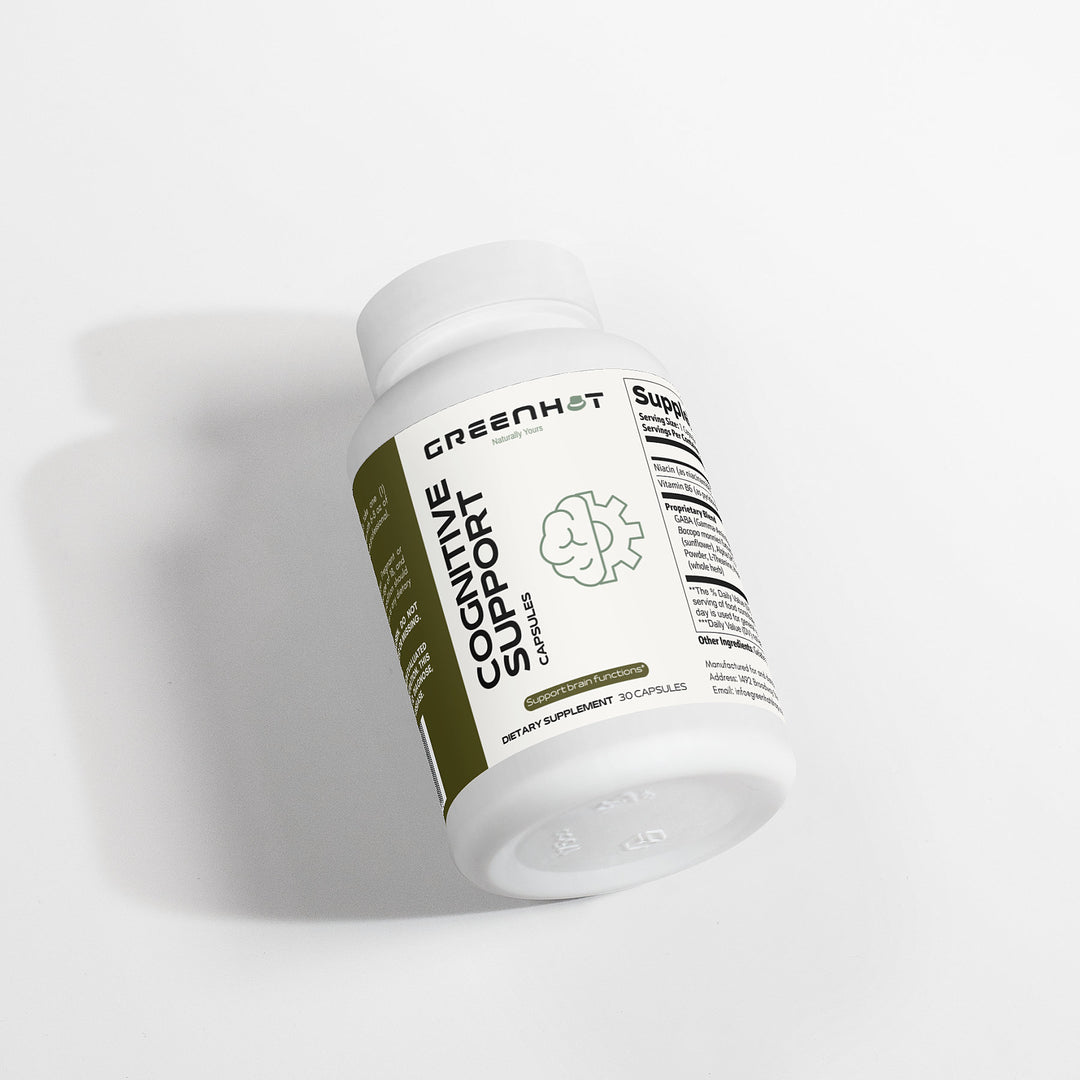 A white bottle labeled "Cognitive Support" by GreenHat, containing 60 dietary supplement capsules made with natural ingredients, is shown against a plain white background.