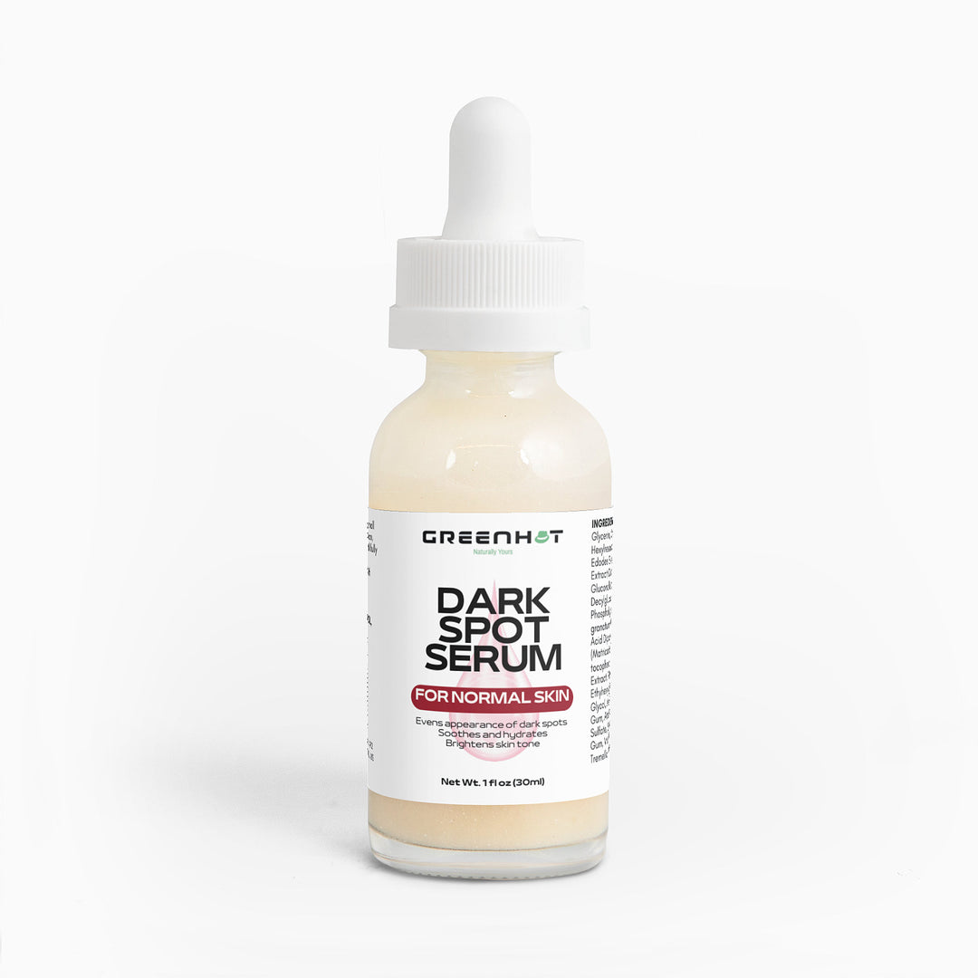 A dropper bottle of GreenHat Dark Spot Serum for Normal Skin, labeled for dark spot reduction and to even skin tone. Net volume 1 fl oz (30 ml).