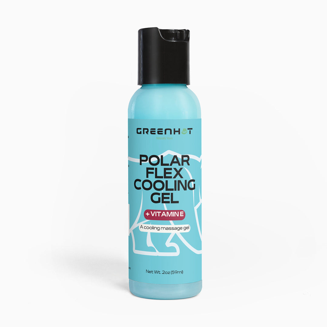 A bottle of GreenHat Polar Flex Cooling Gel with Vitamin E, 2 oz (57 ml) in size, featuring a blue label with a polar bear graphic—perfect for pre and post-workout muscle support.