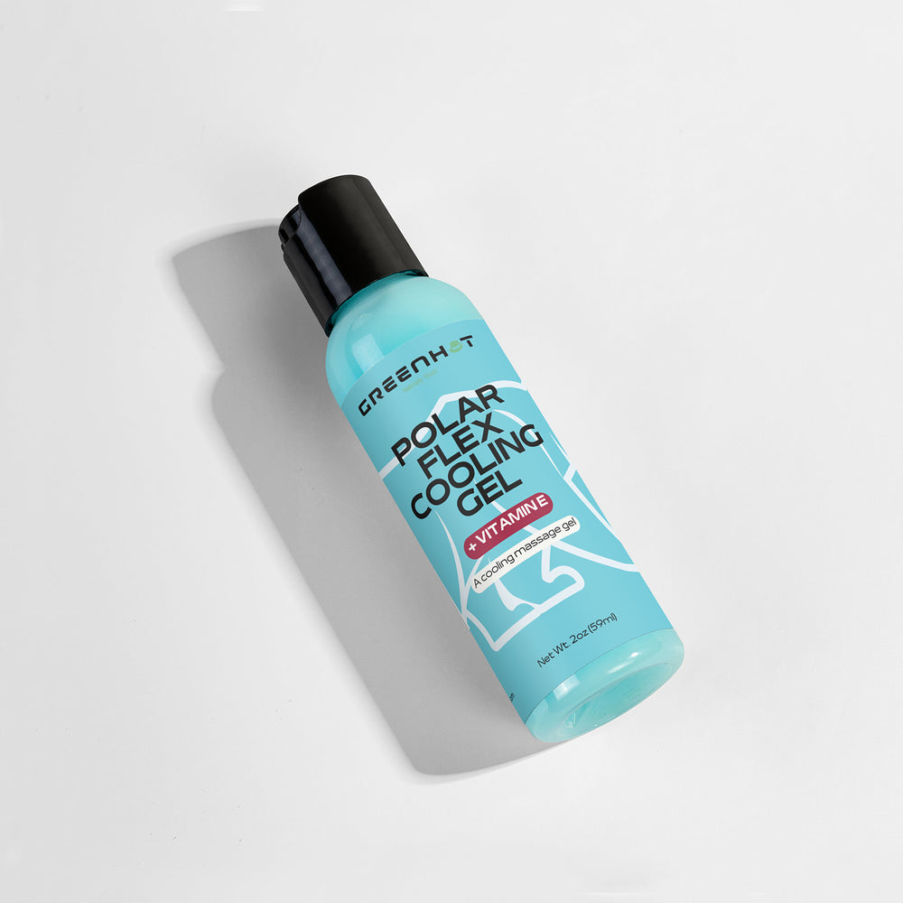 A light blue bottle of GreenHat Polar Flex Cooling Gel lays on its side on a white surface. The label highlights vitamin E, broad-spectrum use, muscle support, and a net weight of 250 ml. Ideal for both pre and post-workout routines.