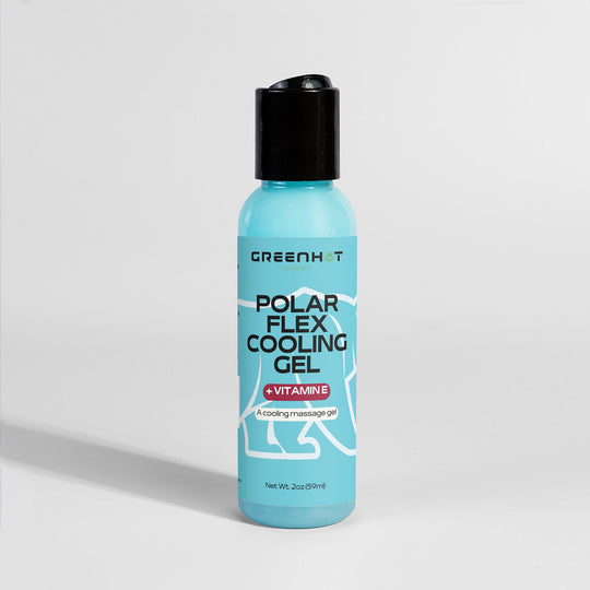 A blue bottle of GreenHat Polar Flex Cooling Gel. The label indicates it is a muscle support cooling massage gel, perfect for pre and post-workout use. The bottle is 2oz (57ml).