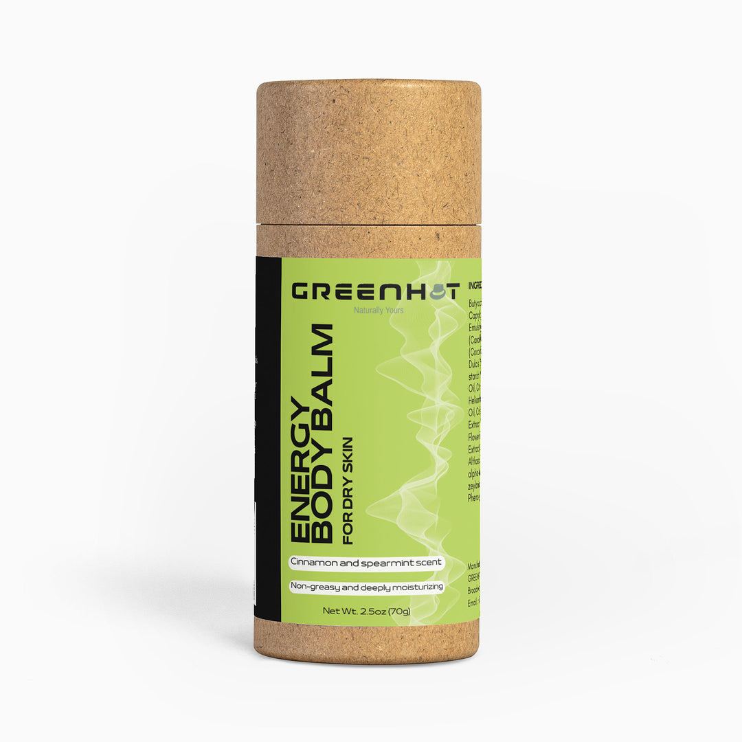 A tube of GreenHat Energy Body Balm with a cinnamon and spearmint scent. The eco-friendly label notes it is non-greasy, deeply moisturizing, and contains 2.5 oz (70g) of product.